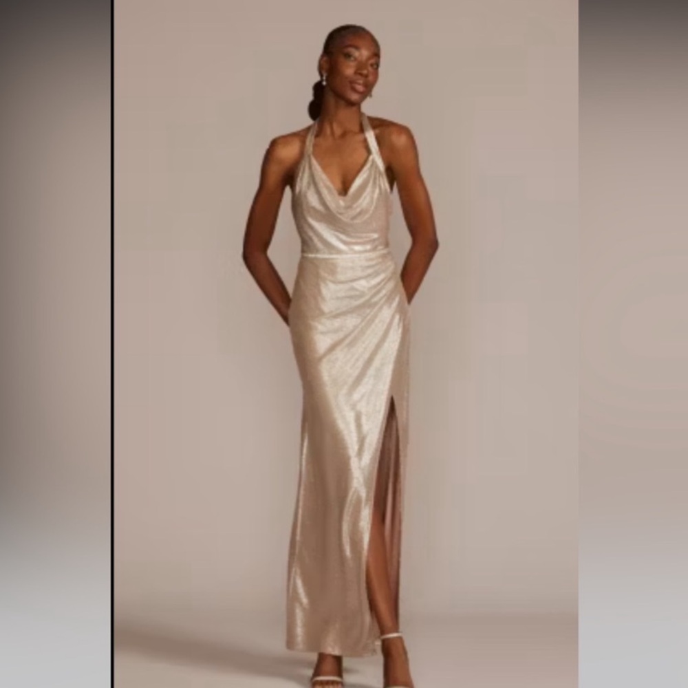 Galina signiture Metallic Halter Cowl Neck Sheath with Slit Size 18 Rose Gold